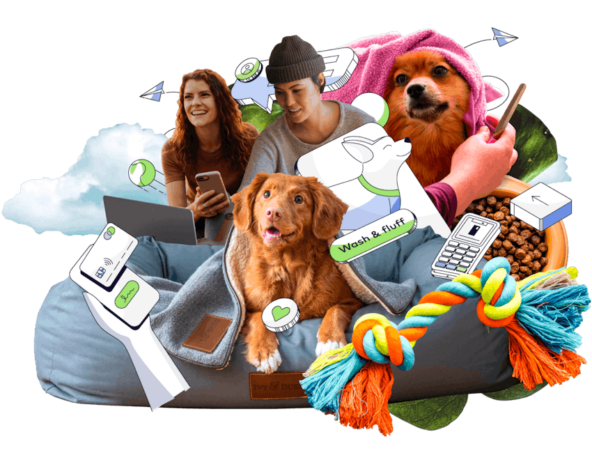 Collage of pets, pet items like food and toys, people with devices and payment illustrations